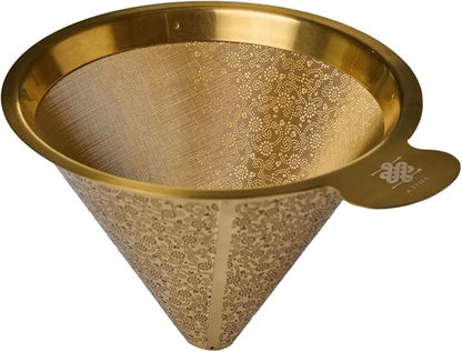 ATHIA Golden Reusable Stainless Steel Pour Over Coffee Dripper, Laser Etched Double Mesh Cone Filter, Paperless, Eco-friendly, Fits Hario, Chemex, carafes & most coffee makers (Golden, Cone Shape)