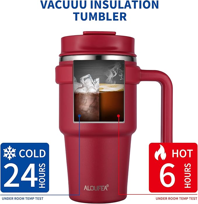 ALOUFEA 20 oz Insulated Coffee Mug Tumbler with Handle, Stainless Steel Travel Mug Tumbler with Lid and Straw,Double Wall Vacuum Leak Proof Ice Coffee Thermal Cup, Red