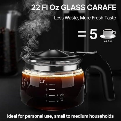 Coffee Maker with Grinder, Programmable Hot and Cold Coffee Maker with 22 oz Glass Carafe, Fully Automatic Coffee Machine with Timer, Removable Filter, Black Americano Coffee Machine