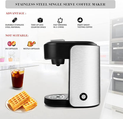 CHULUX Single Serve Coffee Maker, 1000 Watts Single Cup Stainless Steel Coffee Machine for Capsule and Ground Coffee with Graduated Water Tank, One Button Operation