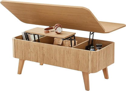 3 in 1 Lift Top Coffee Table, Fluted Convertible Coffee Tables Converts to Dining Tables, Modern Oval Wooden Center Table with Storage for Living Room Office Small Space, Partial Assembly (Natural)