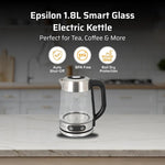 Load image into Gallery viewer, Epsilon 1.8L Glass Electric Kettle – Hot Water Tea Kettle with Borosilicate Glass &amp; Stainless Steel, Auto Shut-Off, Fast Boil 1100W Electric Teapot, BPA-Free, Cool Touch Base