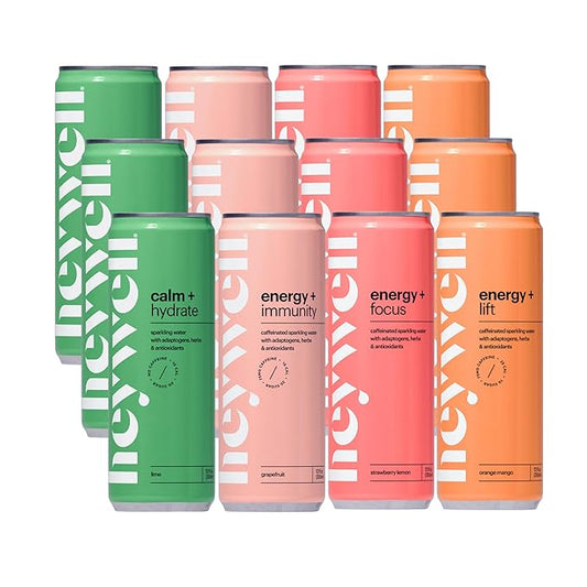 Heywell Sparkling Adaptogenic Water, Variety Pack 12 Fluid Ounce (Pack of 12) Includes - Lime, Grapefruit, Orange Mango, Strawberry Lemon - Calm Drink, Sparkling Drink