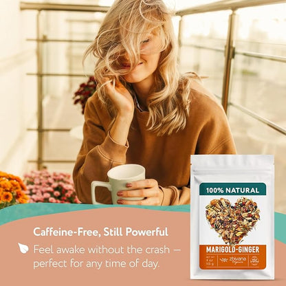 Premium Ginger Loose Leaf Tea with Marigold, Chamomile, Elderflower - Caffeine Free Herbal Tea with Real Herbs & Fruit – Te de Jengibre – 4oz.