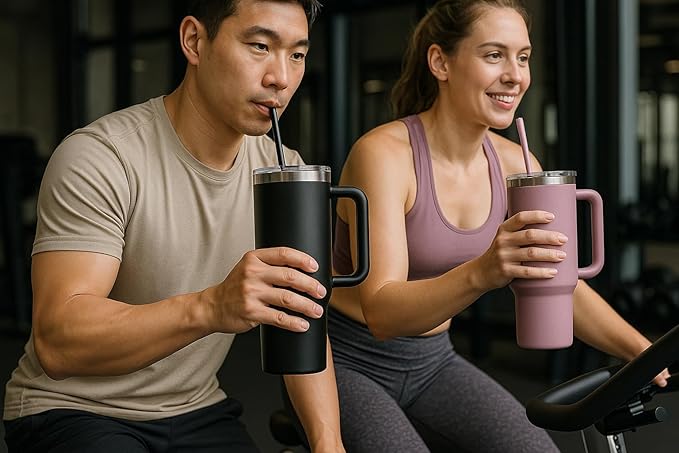 40oz Black Stainless Steel Tumbler with Handle & Straw Lid – Insulated Travel Mug for Hot & Cold Drinks – Gift for Men & Women – Durable Leak-Proof Reusable Cup, Cupholder Friendly