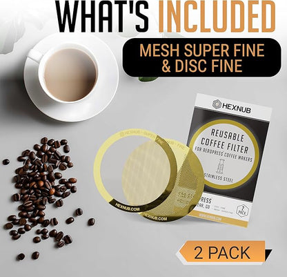 HEXNUB - Reusable Metal Filters for AeroPress Coffee Maker, Stainless Steel Filter Fits AeroPress Original & Go Cafe Press, Fuller Bodied Coffee Than Paper Filters - GOLD 2-PACK