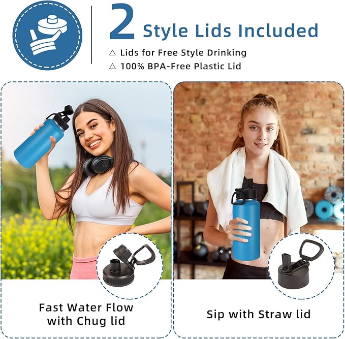 Volhoply 32 oz Water Bottle with Straw Lid & Spout Lid,Insulated Sports Water Bottle,Double Wall Vacuum Stainless Steel Cups,Leakproof Wide Mouth Metal Flask,Keeps Cold or Hot for Travel(Blue,1)