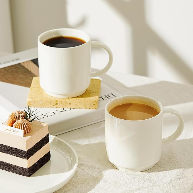 Sweese 10 Oz Stackable White Coffee Mug, Porcelain Coffee Mugs Sets of 6, Coffee Cups with Handle for Specialty Coffee Drinks, Cappuccino, Cafe Mocha, Latte and Tea, White