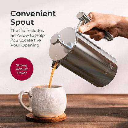 MuellerLiving French Press Coffee Maker 20oz, Stainless Steel French Press Coffee, 4 Filter Heat Resistant Double Insulated, Rust-Free, Food Grade, Dishwasher Safe Coffee Pot