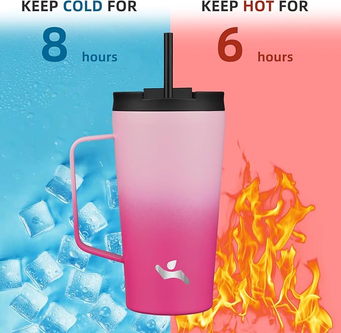 Insulated Tumbler with Handle and Straw, 18 OZ Travel Coffee Mug Stainless Steel Cup Metal Water Bottle,Cherry