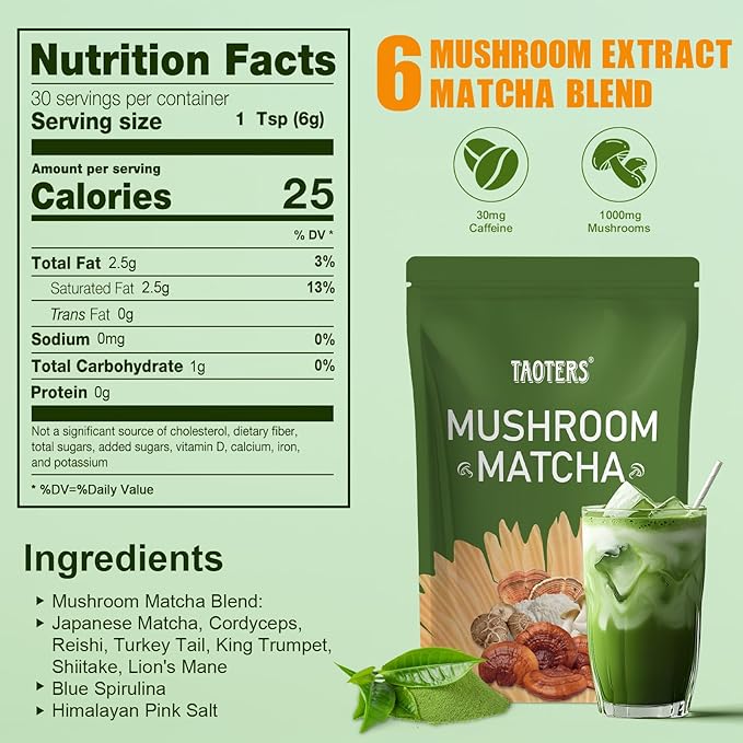 Mushroom Matcha with 6 Adaptogenic Mushrooms and Ceremonial-Grade Matcha, MCT Oil, Coconut Milk Powder for Better Energy, Focus, Digestion and Immunity, 30 servings