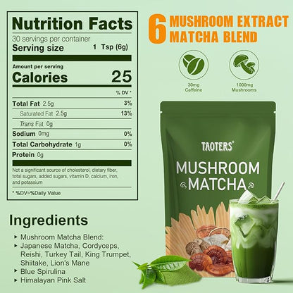 Mushroom Matcha with 6 Adaptogenic Mushrooms and Ceremonial-Grade Matcha, MCT Oil, Coconut Milk Powder for Better Energy, Focus, Digestion and Immunity, 30 servings