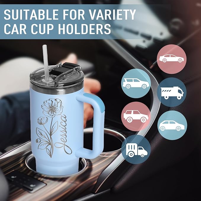Personalized 40oz Coffee Tumbler with Text Name, Custom Stainless Steel Travel Mug with Lid and Birth Flower, Custom Mug Coffee Cup - Personalized Christmas Gifts for Women Mom