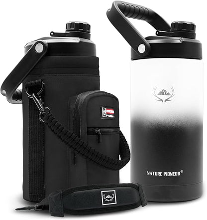 NATURE PIONEOR Insulated Water Bottles with Strap - 64 oz Stainless Steel Vacuum Wide Mouth Bottle with Holder/Carrier/Sleeve - 18/8 Food Grade 64oz Half Gallon Water Jug