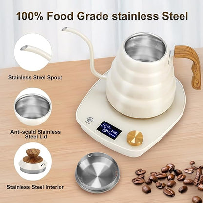 Electric Kettle Gooseneck, Water Electric Kettle with Intelligent Temperature Control Quick Heating 304 Stainless Steel for Coffee Tea Boil Hot Water 1000W 30oz 900ml(Creamy White)