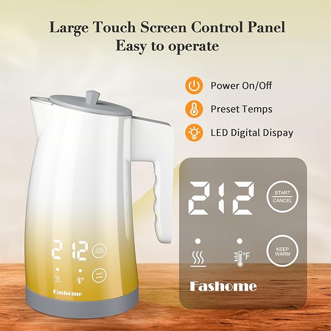Electric Kettle Temperature Control, 304 Stainless Steel Interior, BPA-Free, 1.25L Hot Water Boiler, 1200W Kettle with Auto Shut-Off & Boil Dry Protection, Cordless Base (Yellow Gradient)