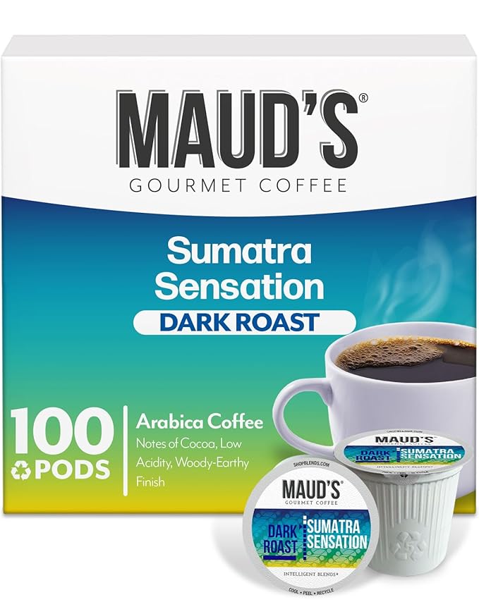 Maud's Sumatra Coffee Pods, 100 ct, Dark Roast Coffee in Recyclable Single Serve Pods – 100% Arabica Coffee, Compatible with Keurig K Cups Maker