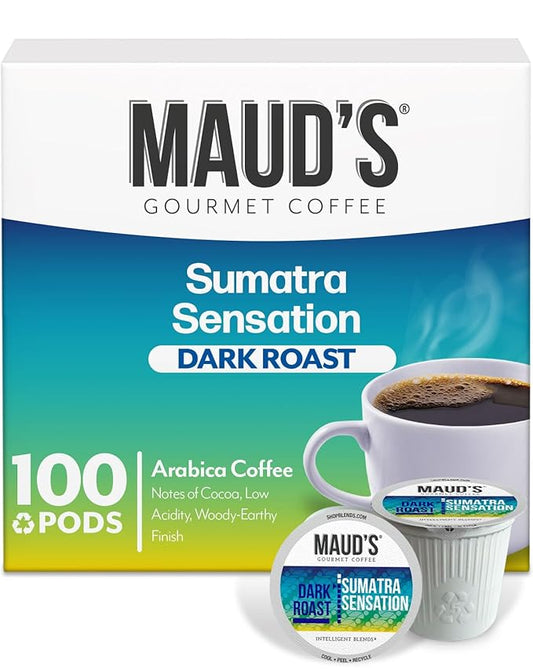 Maud's Sumatra Coffee Pods, 100 ct, Dark Roast Coffee in Recyclable Single Serve Pods – 100% Arabica Coffee, Compatible with Keurig K Cups Maker