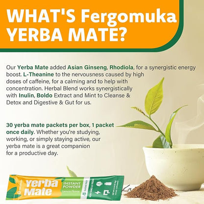 Yerba Mate 4000mg, 10 in 1 Super Yerba Mate Tea Instant Powder - No Sugar, Clean Energy with No Crash, Stay Refreshed and Focused, Gut Health, with Ginseng, Rhodiola, Prebiotic, L-Theanine, 60 Packets