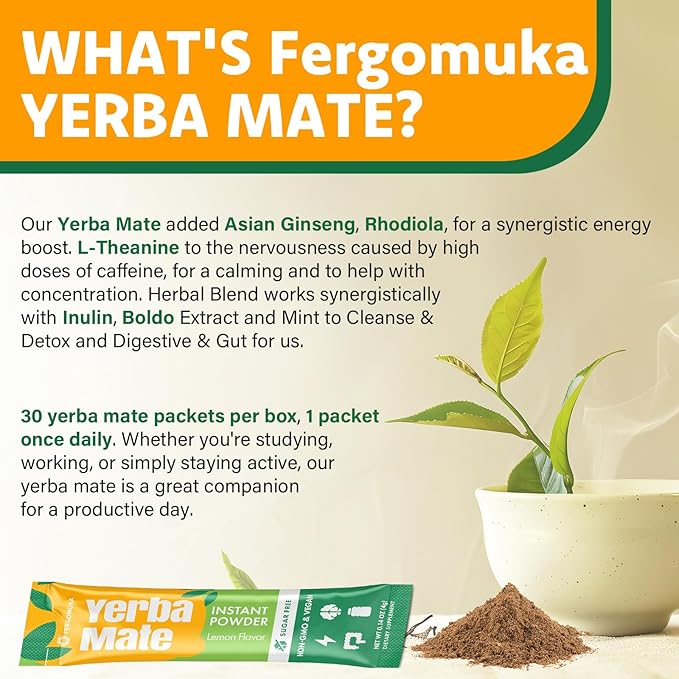 Yerba Mate 4000mg, 10 in 1 Super Yerba Mate Tea Instant Powder - No Sugar, Clean Energy with No Crash, Stay Refreshed and Focused, Gut Health, with Ginseng, Rhodiola, Prebiotic, L-Theanine, 30 Packets