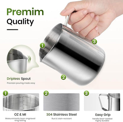 Nahida Handheld Milk Frother Wand with Stand & 14oz Milk Frothing Pitcher Milk Coffee Cappuccino Latte Art - Green