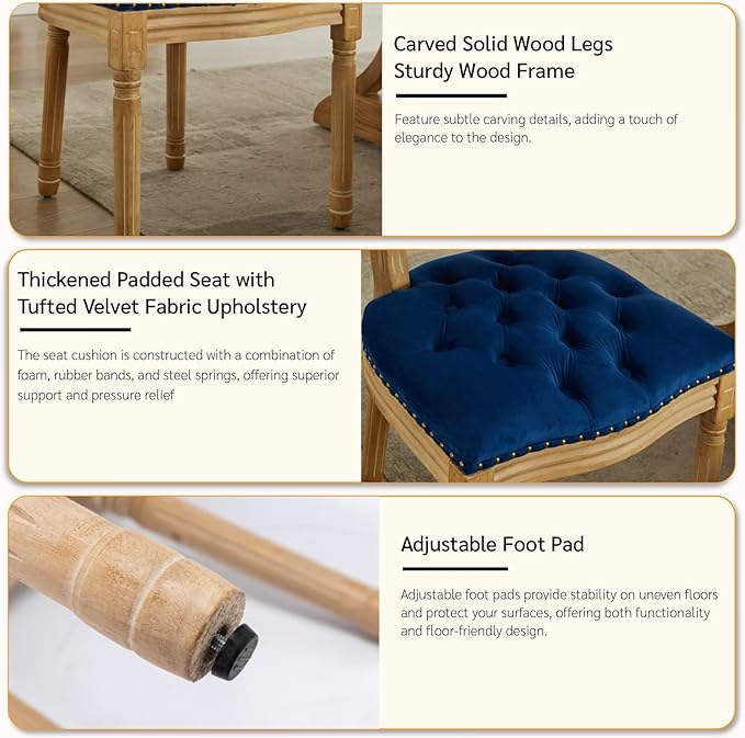 French Country Dining Chairs Set of 4, Vintage Wooden Dining Chairs with Fabric Upholstered Tufted Seat,Solid Wood Legs&Frame, Farmhouse Kitchen&Living Room Chairs(Blue,4 Pcs)