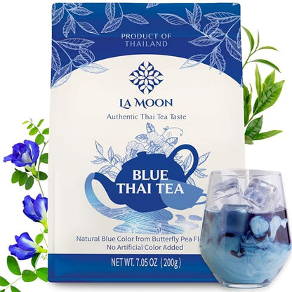 LA MOON TEA Blue Thai Tea Mix - Traditional Loose Leaf Thai Tea Mix from Butterfly Pea Flower and Assam Black Tea for Home-made Blue Thai Iced Tea, Boba Tea & Latte - No Food Dye, 7.05 Oz.