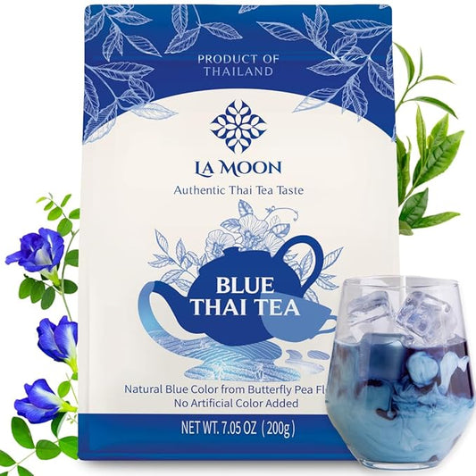 LA MOON TEA Blue Thai Tea Mix - Traditional Loose Leaf Thai Tea Mix from Butterfly Pea Flower and Assam Black Tea for Home-made Blue Thai Iced Tea, Boba Tea & Latte - No Food Dye, 7.05 Oz.