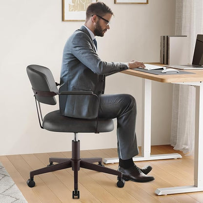 Home Office Desk Chair, Mid-Century Style Desk Chair with Padded Arms, Adjustable Seat Height, Mid Back 360° Small Computer Chair with Mobile Mute Wheel, PU Leather (Black)