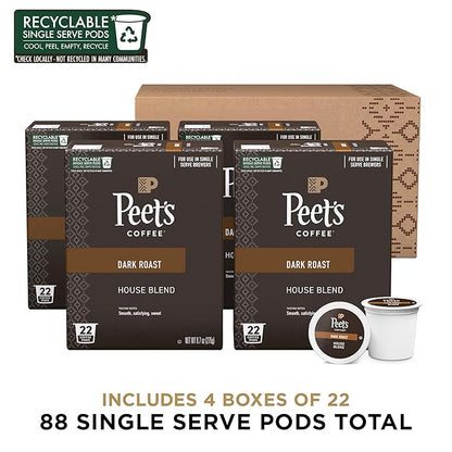 Peet's Coffee, Dark Roast Single Serve Coffee Pods - House Blend 88 Count (4 Boxes of 22 Pods)