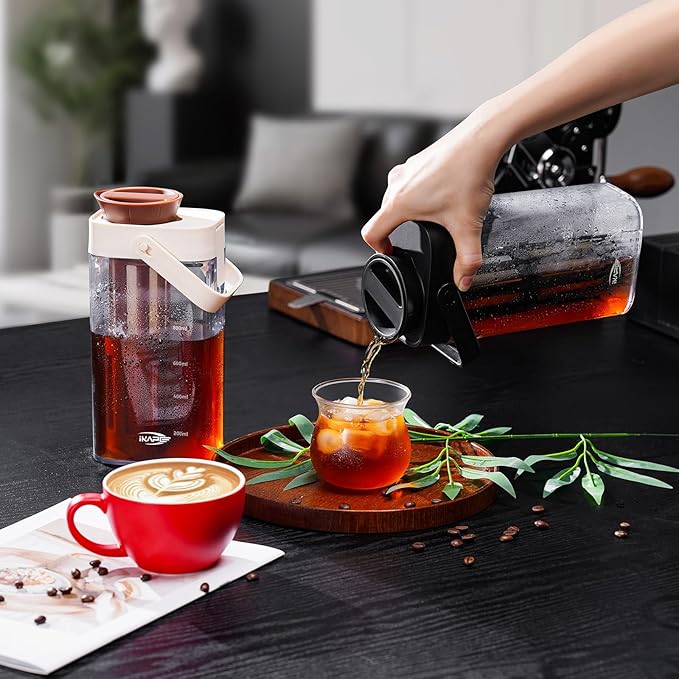IKAPE 33.8oz Cold Brew Coffee Maker with Removable Filter, Leak-proof Spout for Iced Coffee, Tea & Flavored Drinks, Space Saving Tritan Pitcher