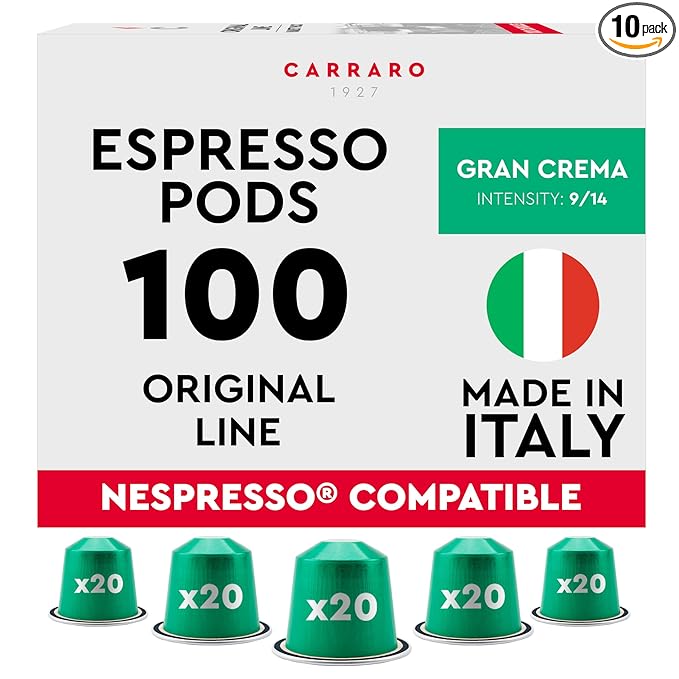 CARRARO 1927 Gran Crema - 100 Aluminum Coffee Pods Compatible with Nespresso Original line - Intensity 9/14, Medium Roast Coffee Capsules Made in Italy