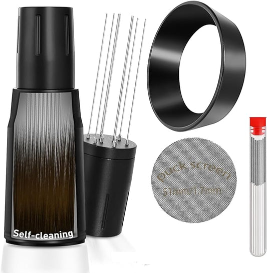 WDT Tool Espresso Distributor Accessory kit &1.7mm Thickness 150μm Mesh Puck Screen & 8 Magnets dosing ring Compatible with Portafilter (WDT +51MM Black dosing ring&puck screen)