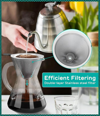Coffee Gator Pour Over Coffee Maker - 14oz High Heat Borosilicate Glass with Reusable Stainless Steel Filter, Drip Coffee Brewer Pourover Dripper Set Carafe, 400ml Clear