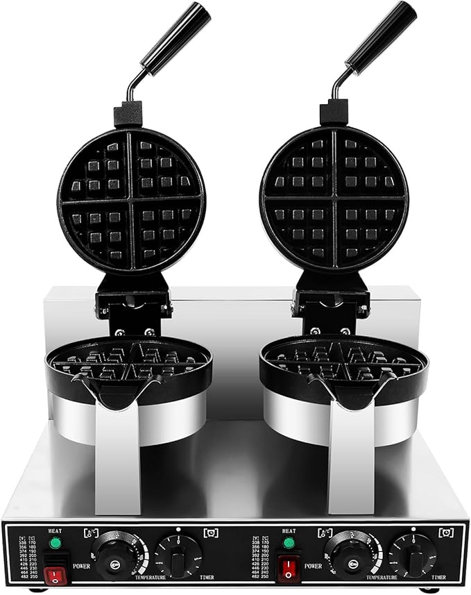 Commercial Waffle Maker, Double Head Waffle Maker Machine Belgian Round Waffle Iron Non-Stick Rotary Heating Pancake Machine with Temp & Time Control for Kitchen Restaurant (Stye 2)