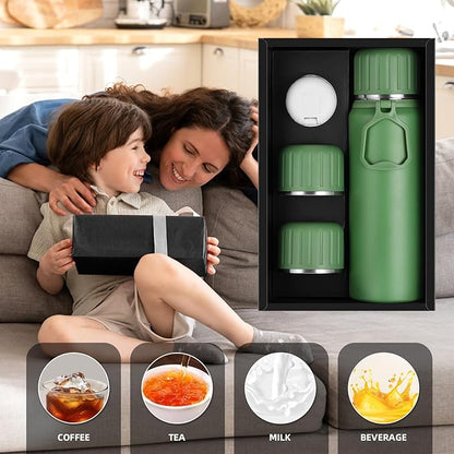 750ml/27 OZ Coffee Thermo with 3 cups, Insulated Water Bottle, Stainless Steel Vacuum Flask Set for Hot and Cold Drinks, Gifts Box