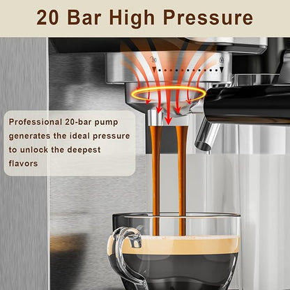 Espresso Machine 20 Bar, Coffee Maker with Automatic Milk Frother, 6-in-1 One-Touch Small/Large Shot, Espresso Maker for Cappuccino/Latte, Compact for Home and Office, Stainless Steel