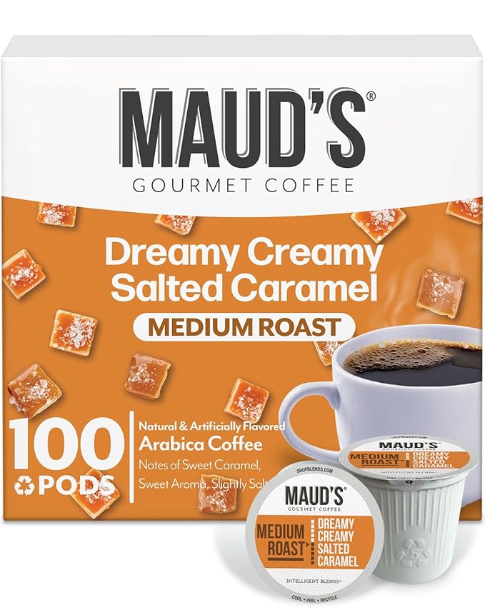 Maud's Salted Caramel Flavored Coffee Pods, 100 ct, Medium Roast Flavored Coffee in Recyclable Single Serve Pods – 100% Arabica Beans, Compatible with Keurig K Cups Maker