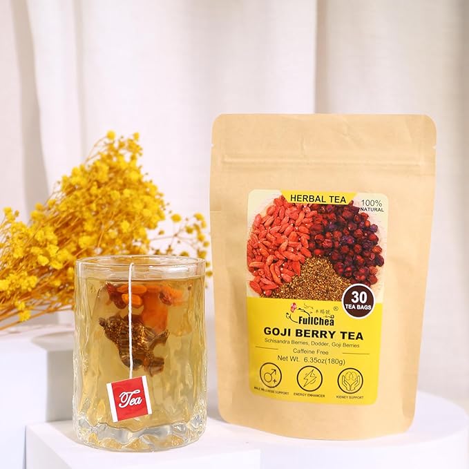 FullChea - Goji Berry Tea For Men, 30 Count X 6g - Premium Five Flavors Herbal Tea Combination - Schisandra Berries, Dodder, Wolfberry - Support Kidney Health & Boost Energy