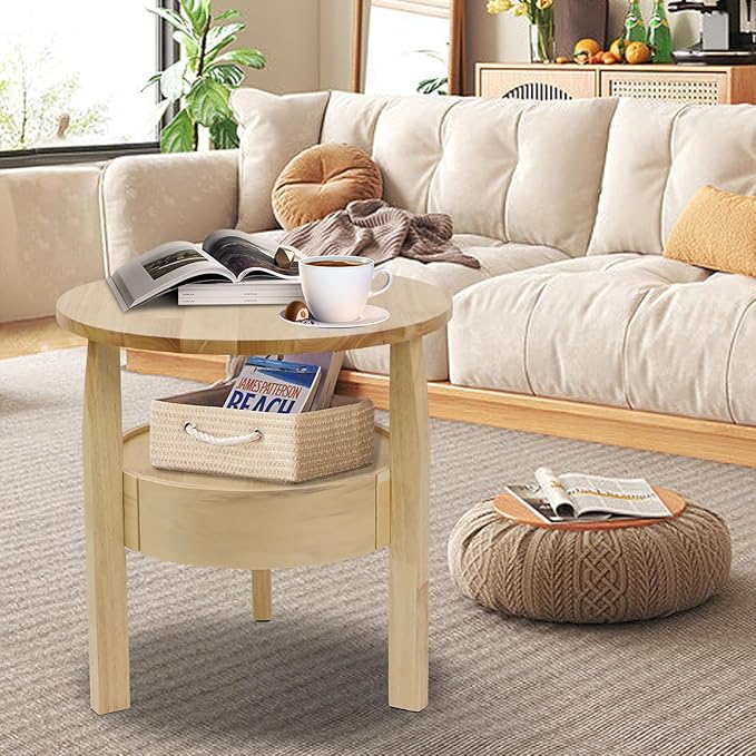Round Coffee Table with Hidden Drawer - 20" D x 20" H Real Oak Wood Round Side Table with Storage, 2-Tier Round End Table for Sofa, Small Circle Coffee Table with Drawer for Living Room, Beige
