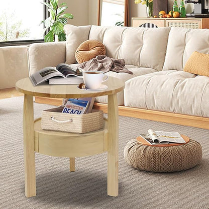 Round Coffee Table with Hidden Drawer - 20" D x 20" H Real Oak Wood Round Side Table with Storage, 2-Tier Round End Table for Sofa, Small Circle Coffee Table with Drawer for Living Room, Beige