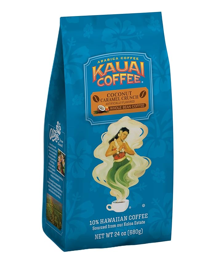 Kauai Coffee Whole Bean Coffee – Smooth, Non-Bitter Medium Roast Pure Arabica – Nutty Caramel and Tropical Coconut – Grown on Hawaii's Largest Coffee Farm – Coconut Caramel Crunch, 1 Pack of 24oz