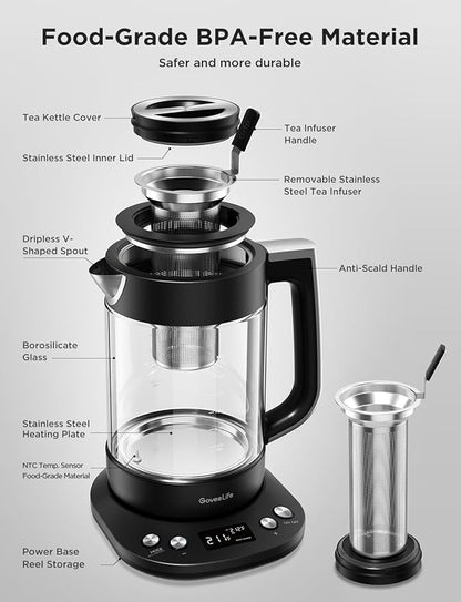 GoveeLife Smart Electric Kettle with Tea Infuser for Loose Leaf, 1.7 L Electric Tea Kettle with Brewing Program, Variable Temperature Control, 2 H Keep Warm & Auto Shut-Off, BPA Free. Black