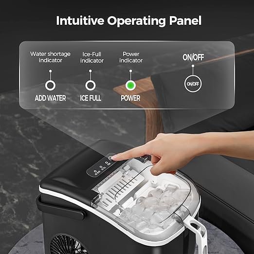 Crzoe Countertop Ice Maker Machine with Handle,26Lbs/24H,9 Cubes Ready in 6 Mins,Self-Cleaning Function with Ice Scoop and Basket for Home/Office(Deeply Black)