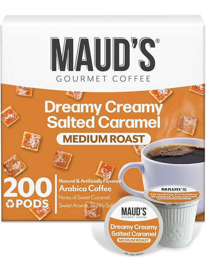 Maud's Salted Caramel Flavored Coffee Pods, 200 ct, Medium Roast Flavored Coffee in Recyclable Single Serve Pods – 100% Arabica Beans, Compatible with Keurig K Cups Maker