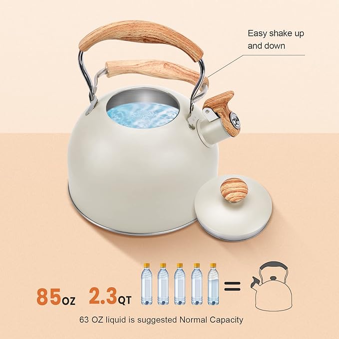 Tea Kettle Stovetop, 2.6Qt Whistling Tea Pots for Stove Top, Heat-resistant Folding Handle，Cute Teapot(Beige)