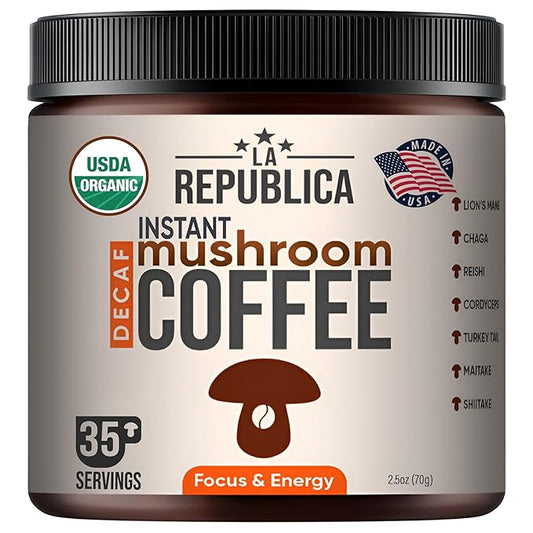La Republica DECAF Organic Mushroom Coffee (35 Servings) with 7 Superfood Shrooms, Great Tasting Instant Mix Includes Lion's Mane, Reishi, Chaga, Cordyceps, Shiitake, Maitake, and Turkey Tail (Decaffeinated)