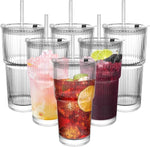 Load image into Gallery viewer, Ribbed Drinking Glasses,with Lids and Straws Glass Cup,19oz Glass cup,6 Pack Old Fashioned Glasses,Thickened for iced coffees,cocktails and juices, perfect for families and parties (6)