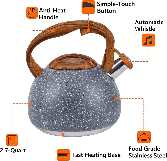 Tea Kettle, 3.2 Quart Whistling Tea Kettle Stovetop, Tea Pots for Stove Top Food Grade Stainless Steel with Wood Pattern Handle, Grey Teapot