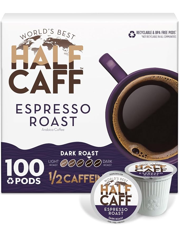 World's Best Half Caff Espresso Roast Coffee Pods, 100 ct, Dark Roast in Recyclable Single Serve Pods – 100% Arabica Coffee, Compatible with Keurig K Cups Maker